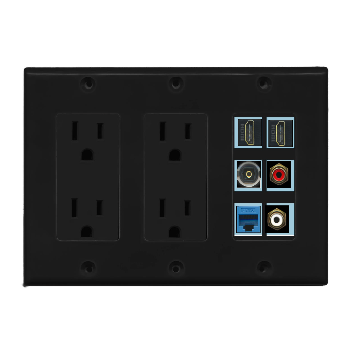 6 Port Custom Keystone Wall Plate w/Dual DecorZ Power Outlet Black