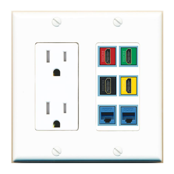 6 Port Custom Keystone Wall Plate with Tamper Resistant DecorZ Power Outlet
