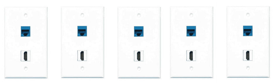 RiteAV - 1 Port HDMI 1 Port Cat6 Ethernet Blue Wall Plate - Bracket Included - 5 Pack