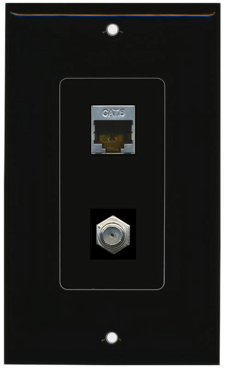 RiteAV Decorative 1 Gang Wall Plate (Black/Black) 2 Port - Cat6 (Shielded) Coax (Black) - Bracket Included