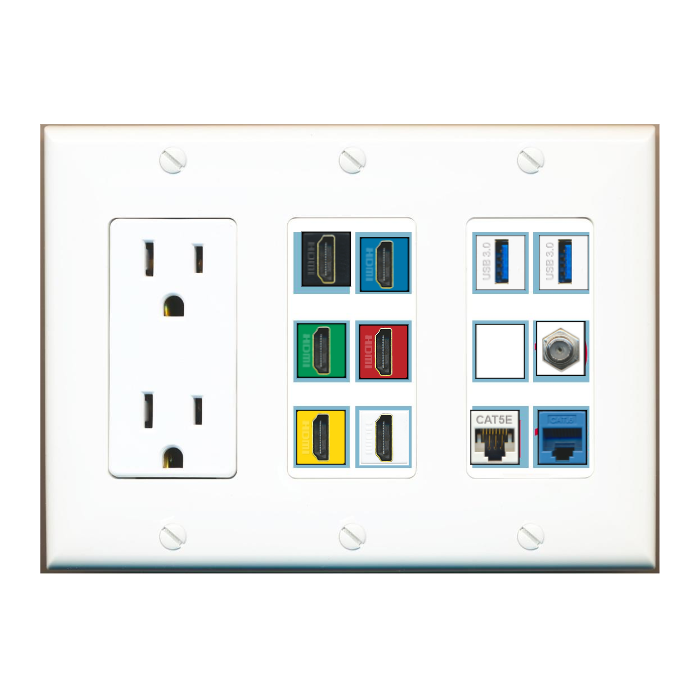 Custom Wall Plate 15 Amp Power Outlet White with up to 12 Keystone Ports