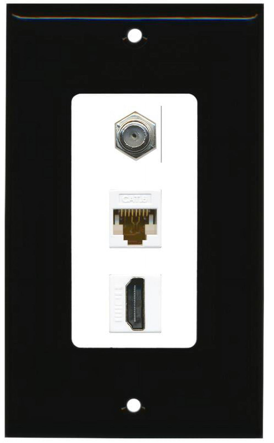 RiteAV Decorative 1 Gang Wall Plate (Black/White) 3 Port - Coax (White) Cat6 (White) HDMI (White)