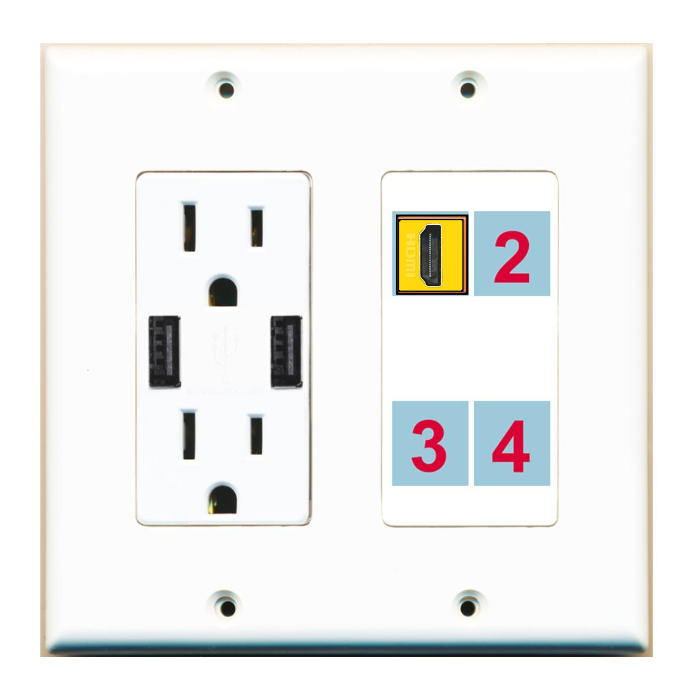 4 Port Custom Keystone Wall Plate w/2 USB Charger Power Outlet