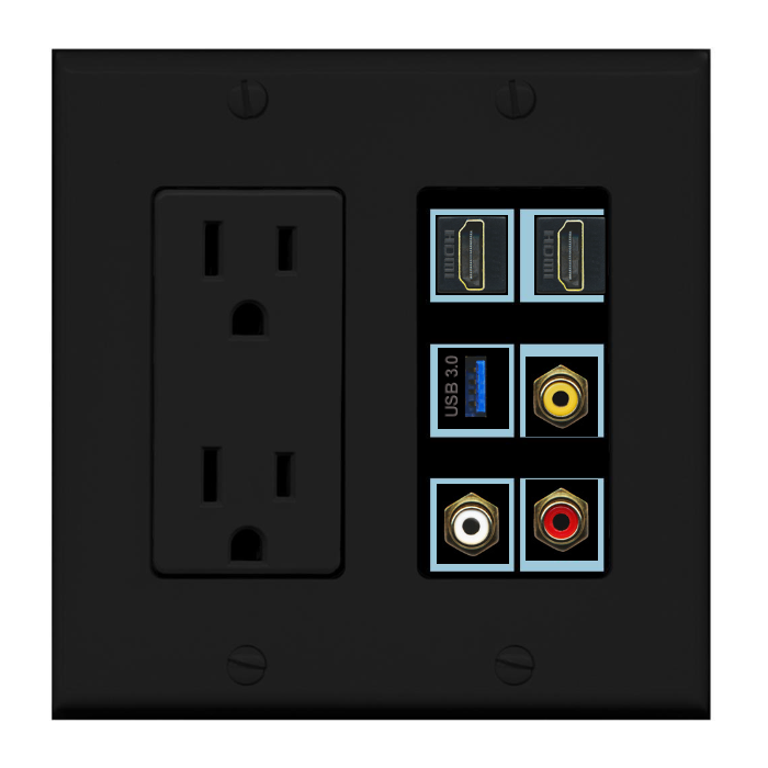 6 Port Custom Keystone Wall Plate w/DecorZ Power Outlet Black