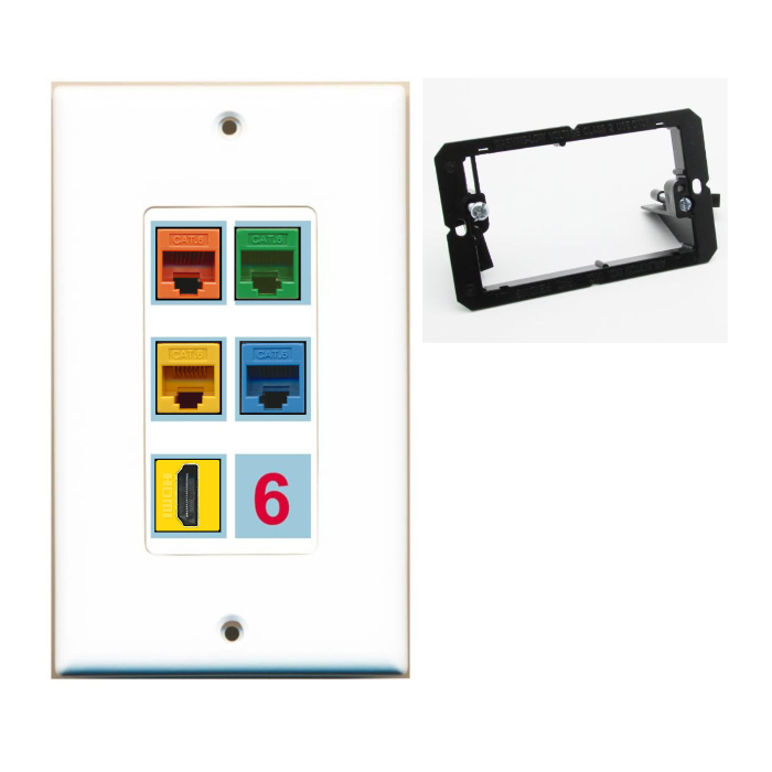 6 Port Custom Keystone Wall Plate DecorZ White w/Mounting Bracket