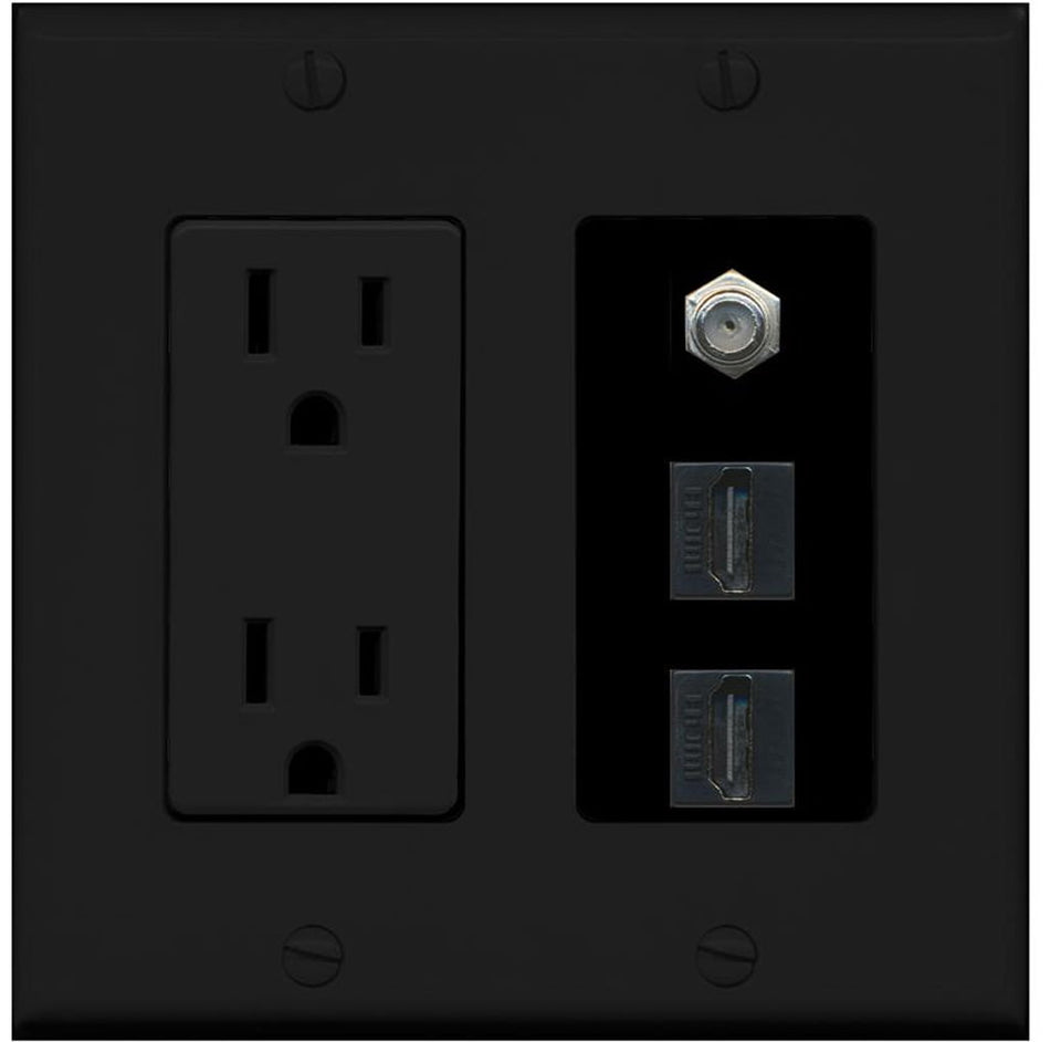 RiteAV - 15 Amp Power Outlet 2 Port HDMI 1 Port Coax Decorative Wall Plate - Black