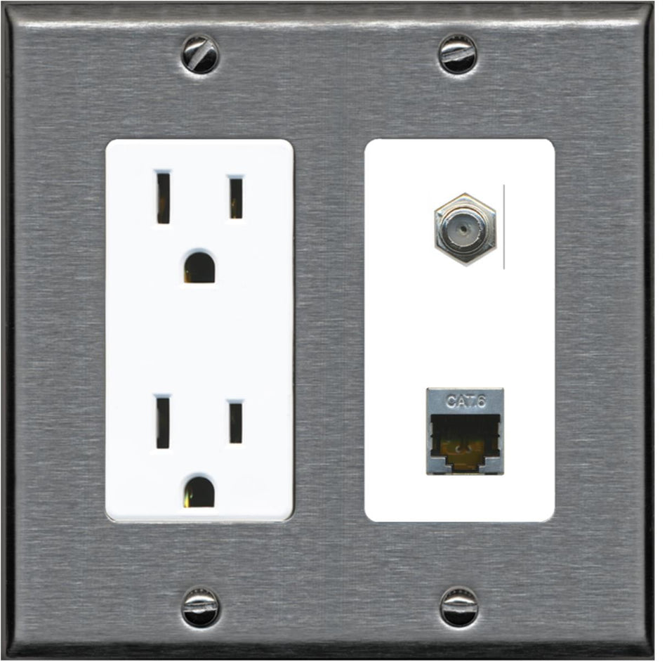 RiteAV - 15 Amp Power Outlet and 1 Port Coax Cable TV- F-Type and 1 Port Shielded Cat6 Ethernet Decorative Type Wall Plate - Stainless Steel/White