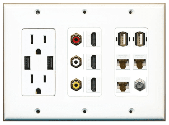 RiteAV USB Charger Outlet 15A/125V with Dual 3.6A USB Charging Ports and 3 HDMI Coax 3 Cat6 Composite Video 2 USB A Type Decorative White 3 Gang Wall Plate