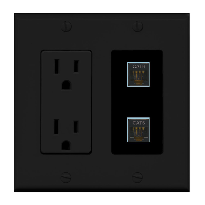 2 Port Custom Keystone Wall Plate w/DecorZ Power Outlet Black