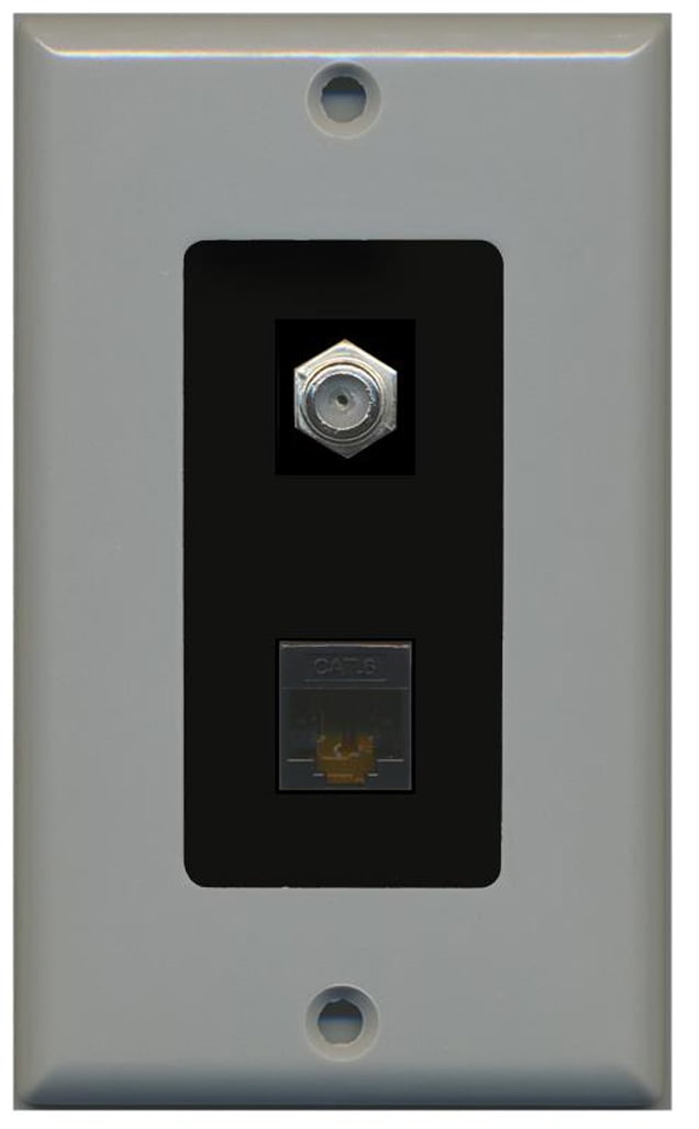 RiteAV - 1 Coax Cable TV F and 1 Cat6 Ethernet Wall Plate Decorative - Gray & Black - Bracket Included