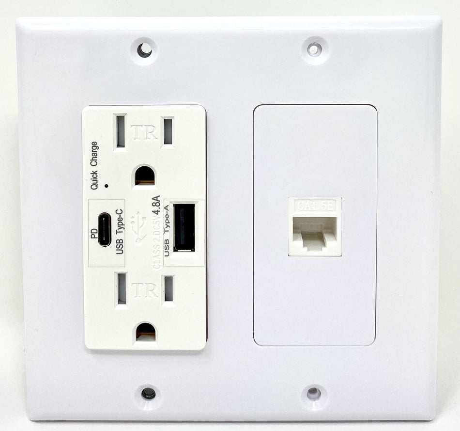 RiteAV USB Charger Outlet 15A/125V with USB Type-A/USB Type-C Charging Ports and 1 x Cat5e Ethernet Decorative White Wall Plate