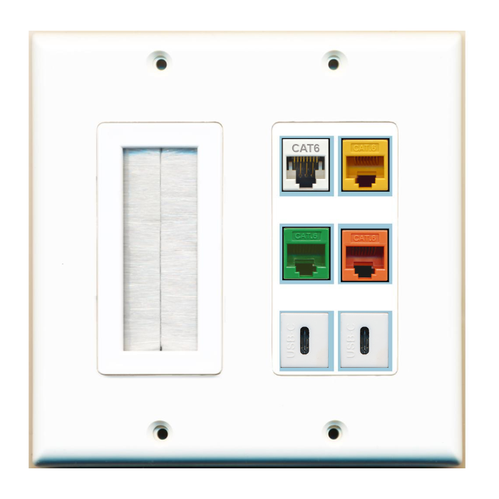 6 Port Custom Keystone Wall Plate 2 Gang DecorZ White w/Brush Insert