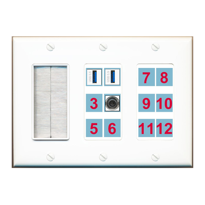 Custom Brush Wall Plate White with up to 12 Keystone Ports