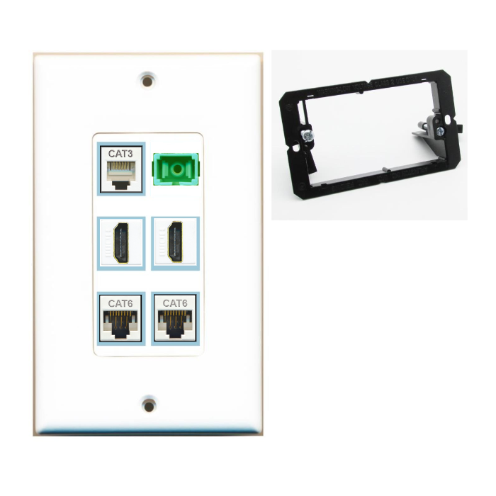 6 Port Custom Keystone Wall Plate DecorZ White w/Mounting Bracket
