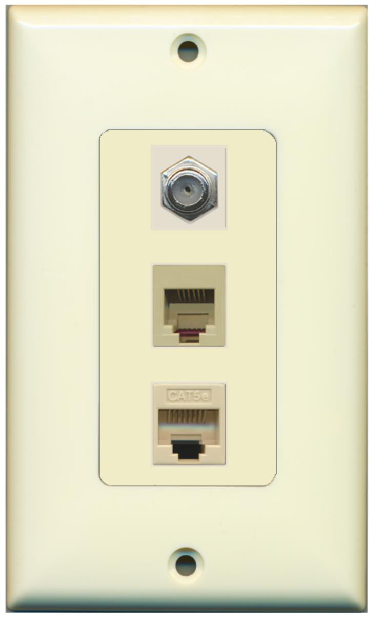 RiteAV - 1 Port Coax Cable TV- F-Type Phone RJ11 RJ12 and 1 Port Cat5e Ethernet Decorative Wall Plate - Light Almond - Bracket Included