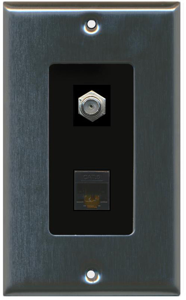 RiteAV - 1 Coax Cable TV F and 1 Cat6 Ethernet Wall Plate Decorative - Stainless Steel & Black - Bracket Included