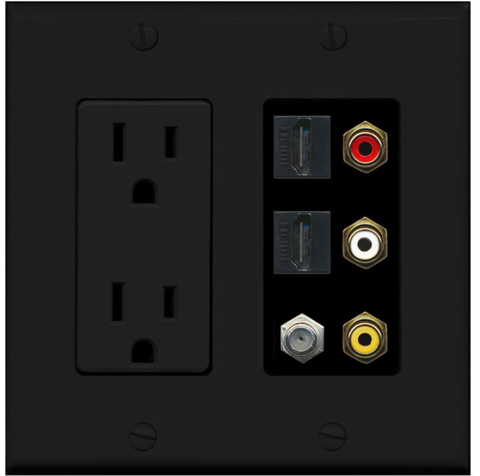 RiteAV - 2 x 15 Amp 125V Power Outlet 3 x RCA - 2 X HDMI and 1 x Coax Cable TV Port Wall Plate Black