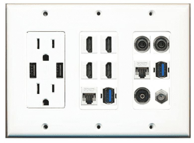 RiteAV USB Charger Outlet 15A/125V with Dual 3.6A USB Charging Ports and 4 HDMI Coax 2 Cat5e 2 3.5mm Toslink 2 USB 3.0 Decorative White 3 Gang Wall Plate