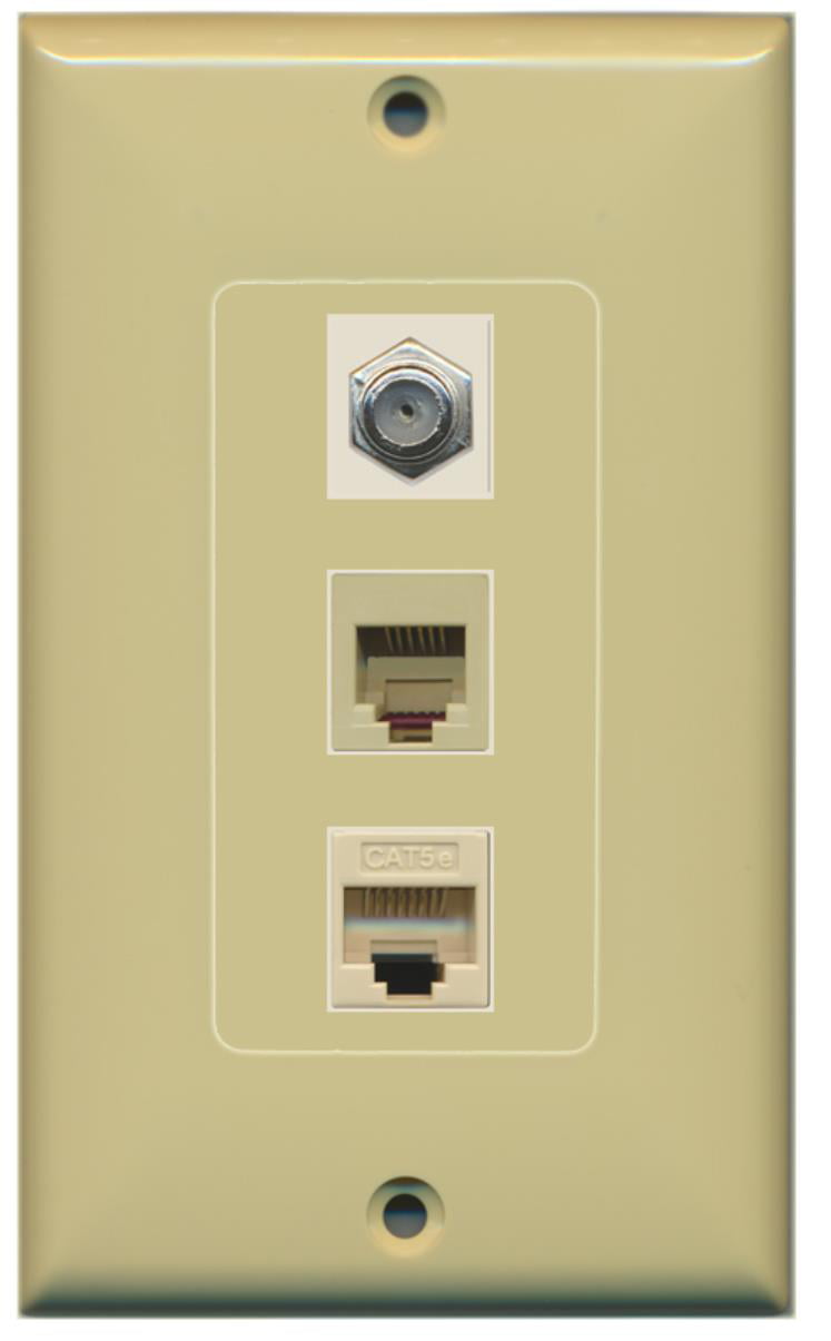 RiteAV - 1 Port Coax Cable TV- F-Type Phone RJ11 RJ12 and 1 Port Cat5e Ethernet Decorative Wall Plate - Ivory - Bracket Included