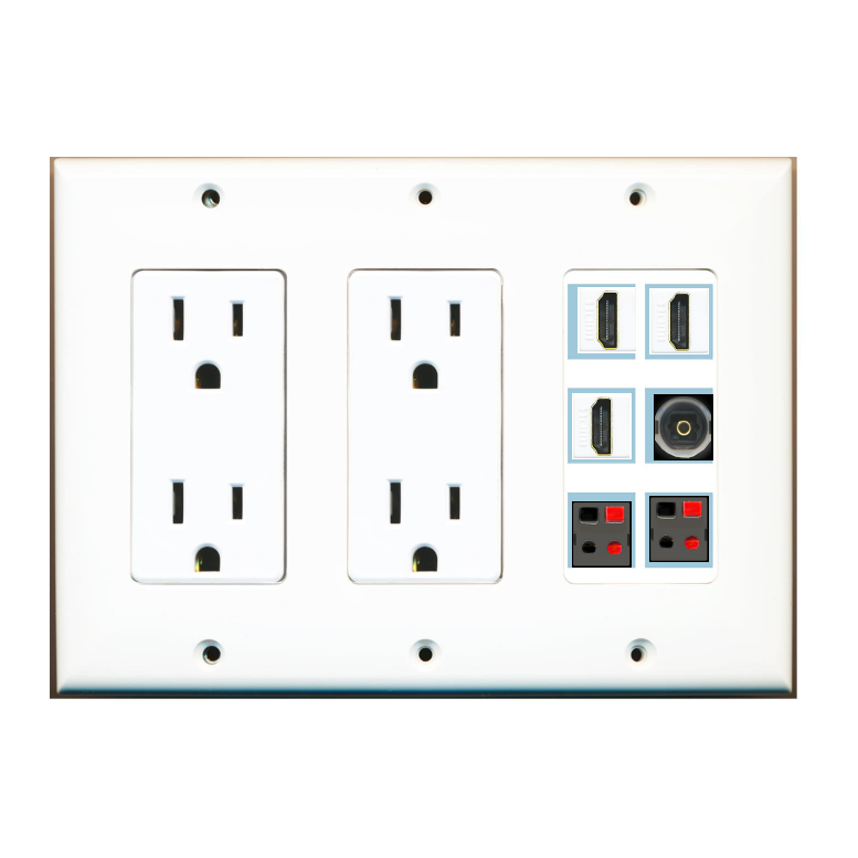 6 Port Custom Keystone Wall Plate w/Dual DecorZ Power Outlet White