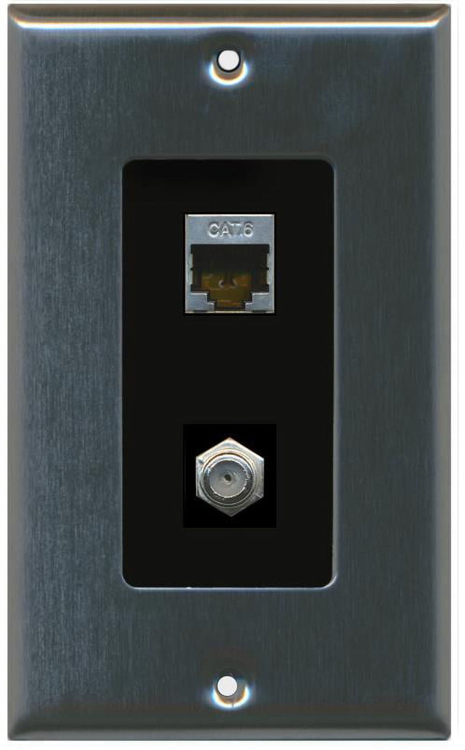 RiteAV Decorative 1 Gang Wall Plate (Stainless Steel/Black) 2 Port - Cat6 (Shielded) Coax (Black) - Bracket Included