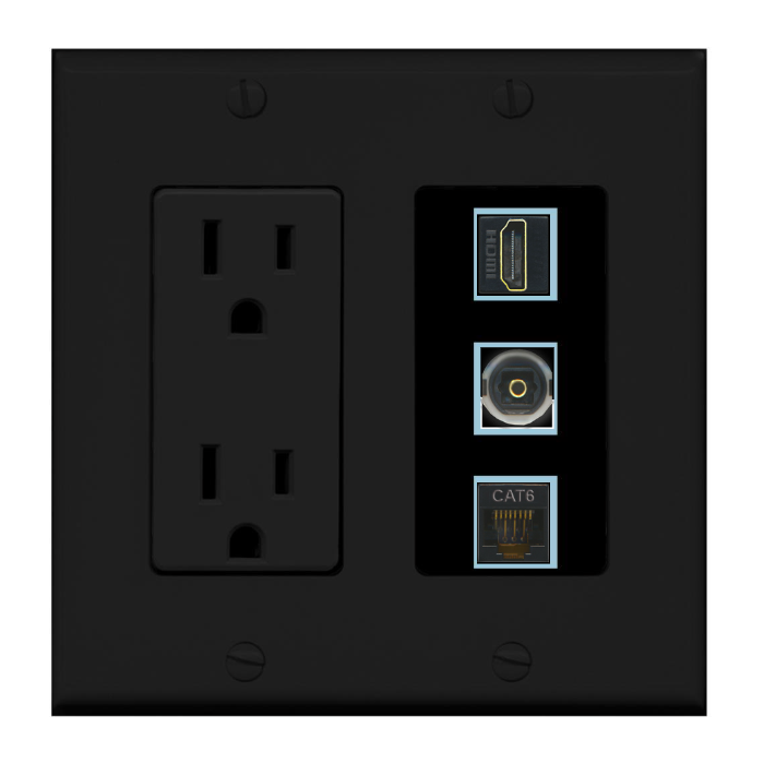3 Port Custom Keystone Wall Plate w/DecorZ Power Outlet Black