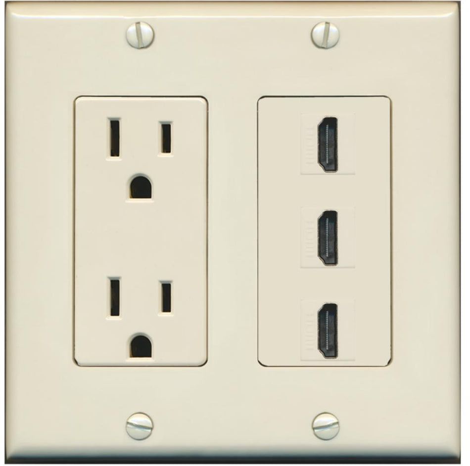 RiteAV - 15 Amp Power Outlet 3 Port HDMI Decorative Wall Plate - Light Almond