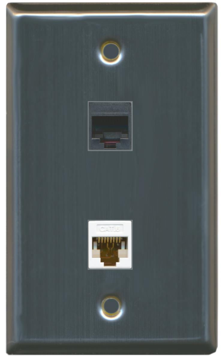 RiteAV - 1 RJ11 RJ12 Black Phone Port and 1 Cat6 Ethernet Port Wall Plate - Stainless Steel - Bracket Included