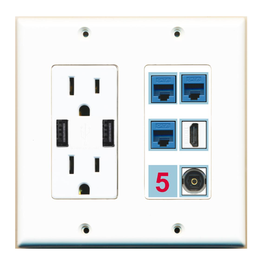 6 Port Custom Keystone Wall Plate w/2 USB Charger Power Outlet