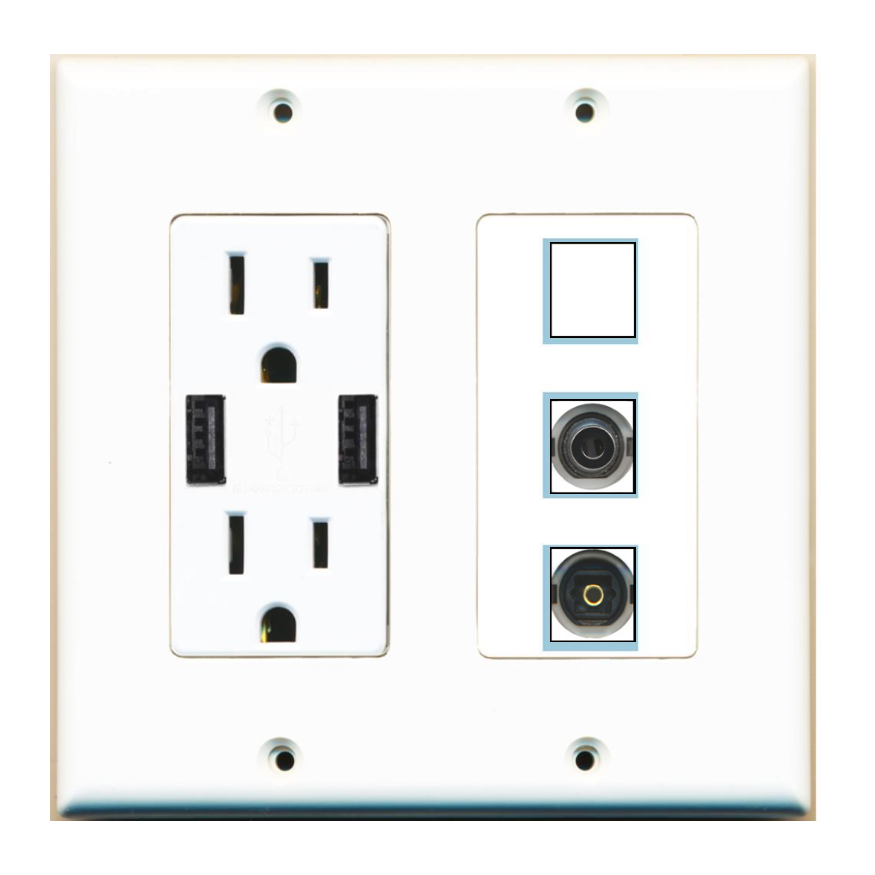3 Port Custom Keystone Wall Plate w/2 USB Charger Power Outlet