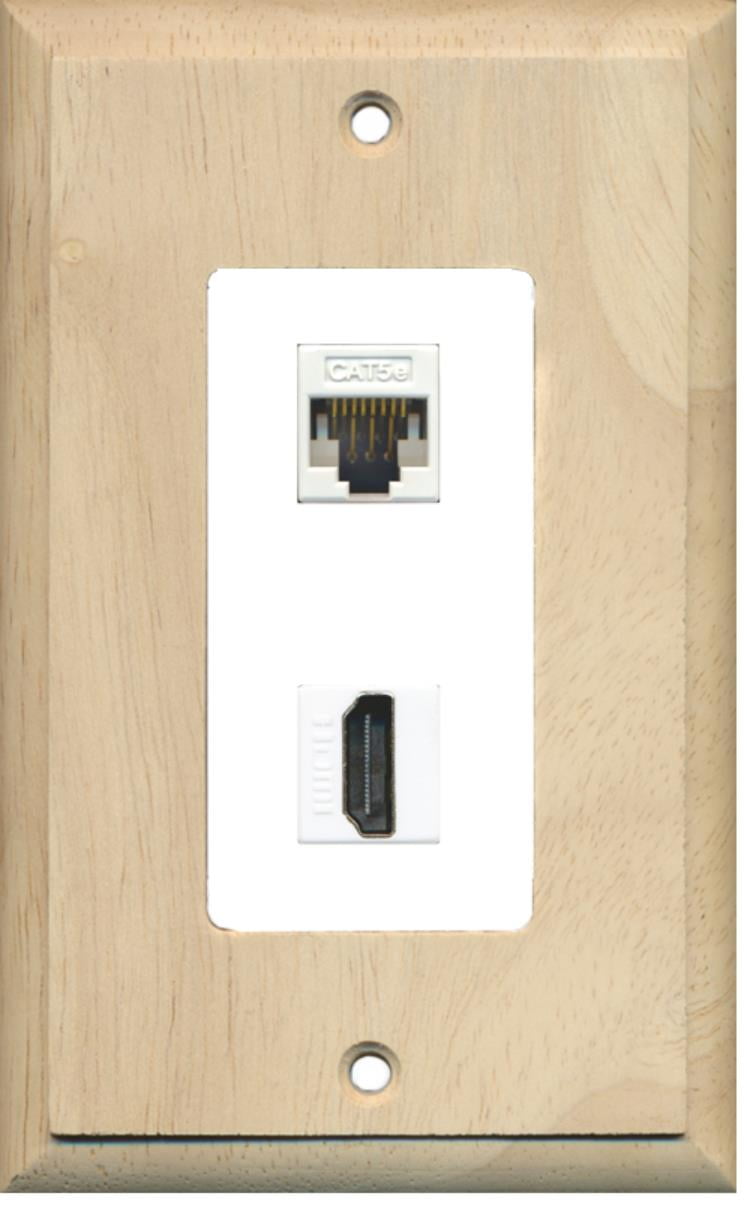 RiteAV - 1 Cat5e Ethernet and 1 HDMI Decorative Wall Plate - Wood/White - Bracket Included