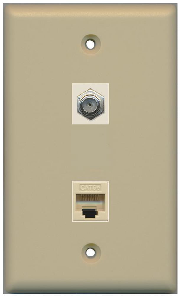 RiteAV - 1 Coax F Type and 1 Cat5e Ethernet Port Wall Plate - Ivory - Bracket Included