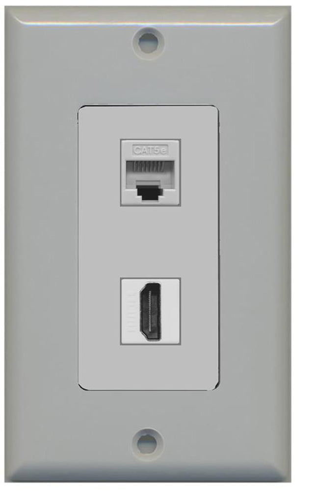 RiteAV Decorative 1 Gang Wall Plate (Gray/Gray) 2 Port - Cat5e (Gray) HDMI (Gray) - Bracket Included