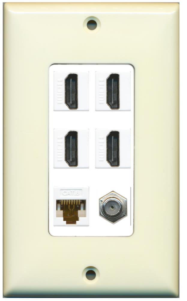 RiteAV - 4 Port HDMI 1 Coax Cable TV- F-Type 1 Cat6 Ethernet Wall Plate Decorative - Light Almond & White