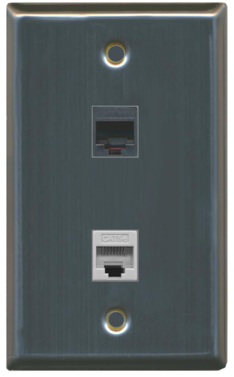 RiteAV - 1 RJ11 RJ12 Black Phone Port and 1 Cat5e Ethernet Port Wall Plate - Stainless Steel - Bracket Included