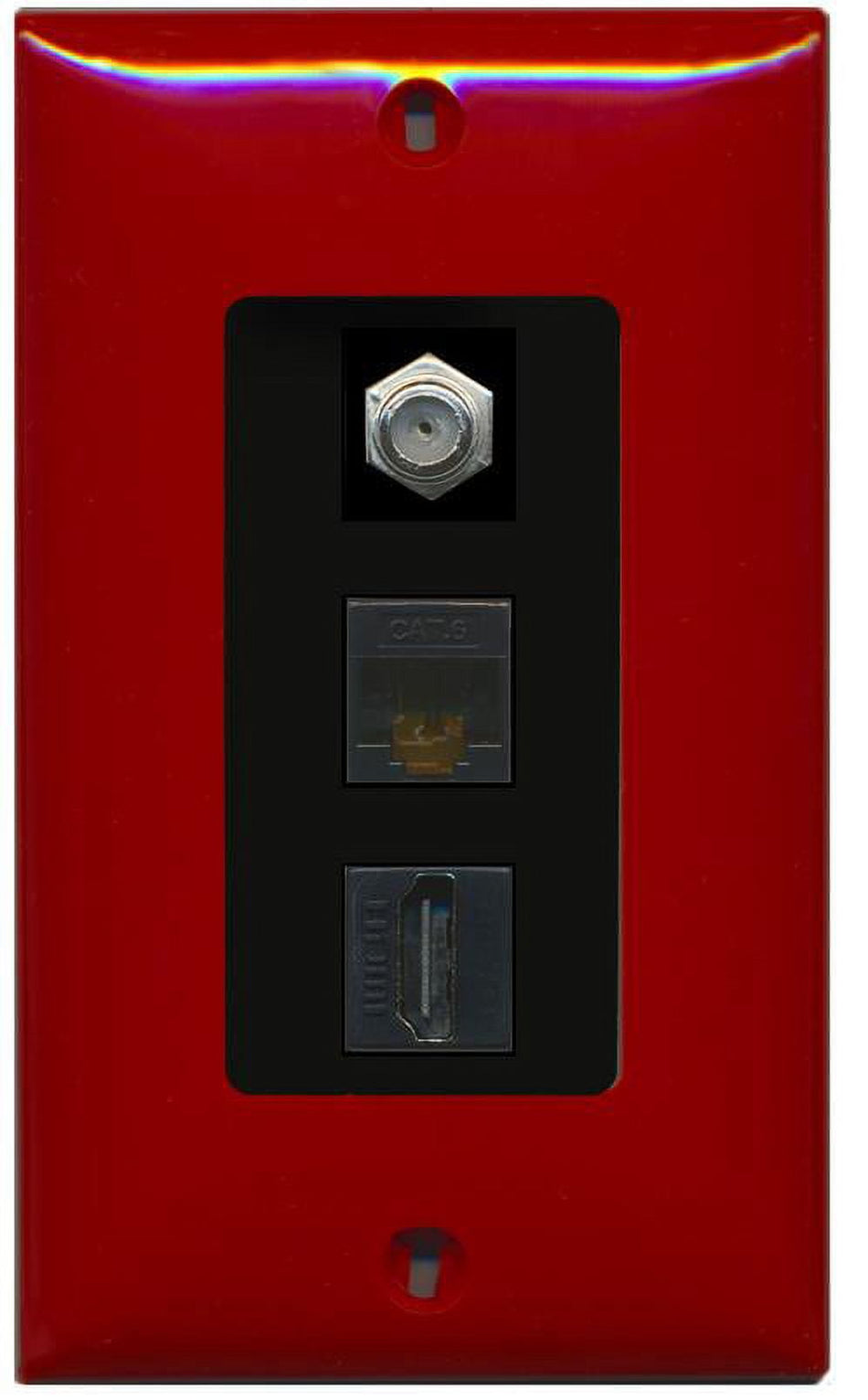 RiteAV Decorative 1 Gang Wall Plate (Red/Black) 3 Port - Coax (Black) Cat6 (Black) HDMI (Black)