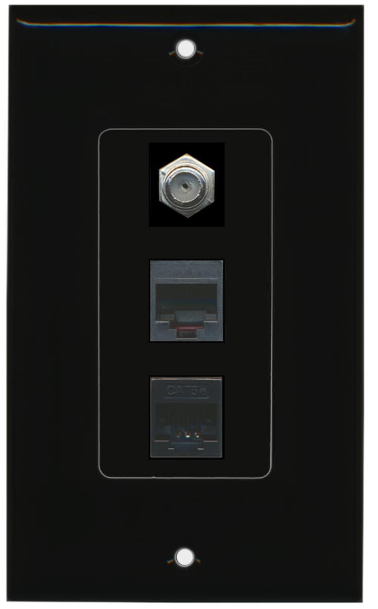 RiteAV - 1 Port Coax Cable TV- F-Type Phone RJ11 RJ12 and 1 Port Cat5e Ethernet Decorative Wall Plate - Black - Bracket Included
