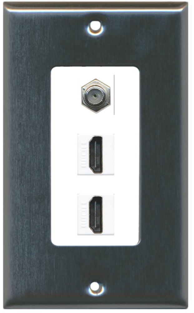 RiteAV - 2 Port HDMI 1 Coax Cable TV- F-Type Decorative Wall Plate - Stainless Steel & White