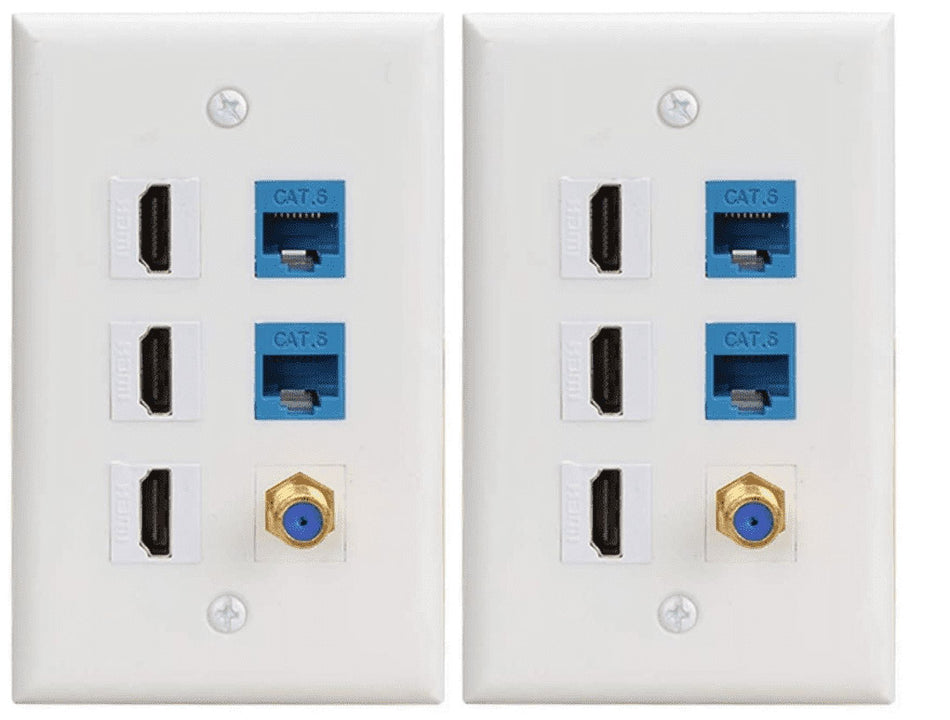 RiteAV - 3 Port HDMI, 2 Port Cat6 and 1 Port Gold Plated Coax Wall Plate - White (2 Pack)