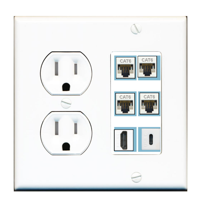 6 Port Custom Keystone Wall Plate w/Tamper Resistant Round Power Outlet