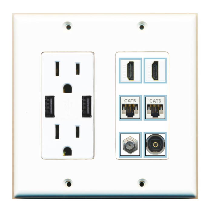 6 Port Custom Keystone Wall Plate w/2 USB Charger Power Outlet