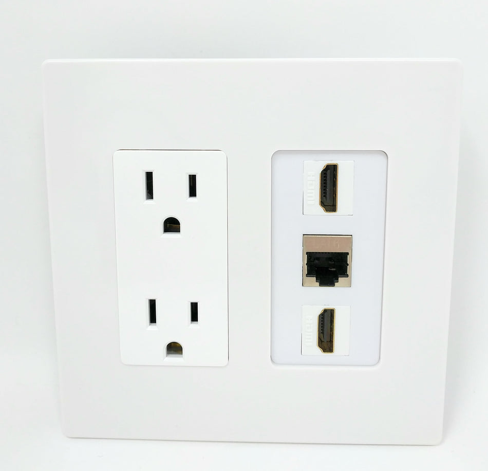RiteAV - 15 Amp Power Outlet 2 Port HDMI 1 Port Shielded Cat6 Screwless Decorative Wall Plate - White