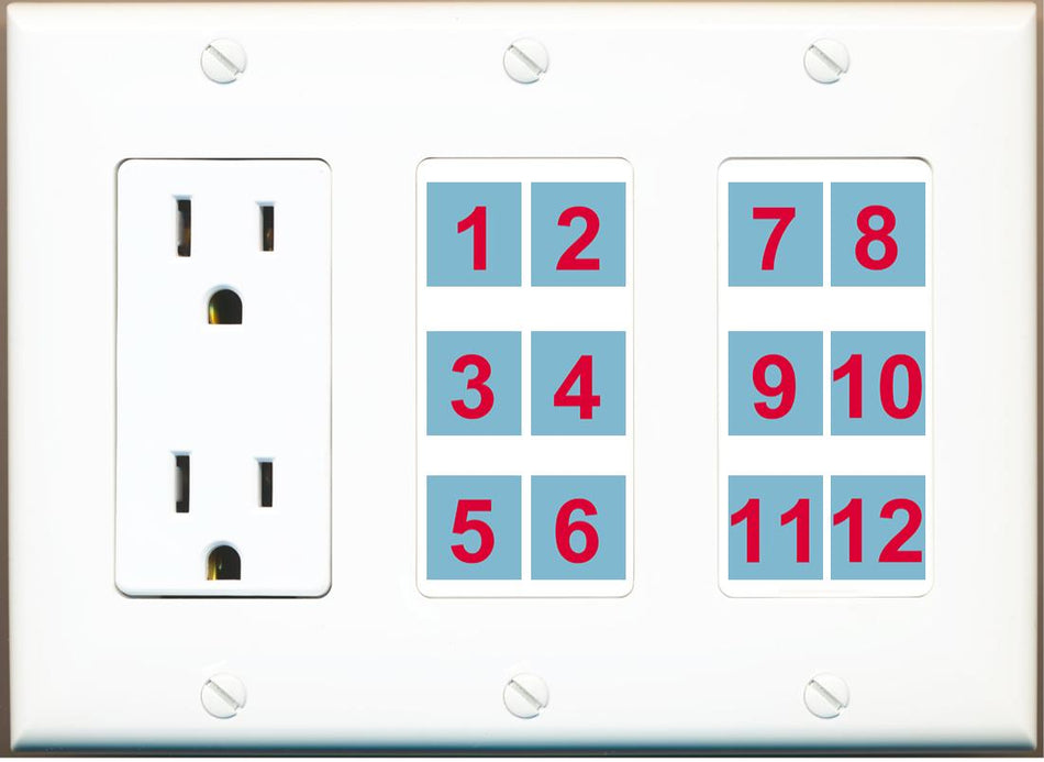 Custom Wall Plate 15 Amp Power Outlet White with up to 12 Keystone Ports