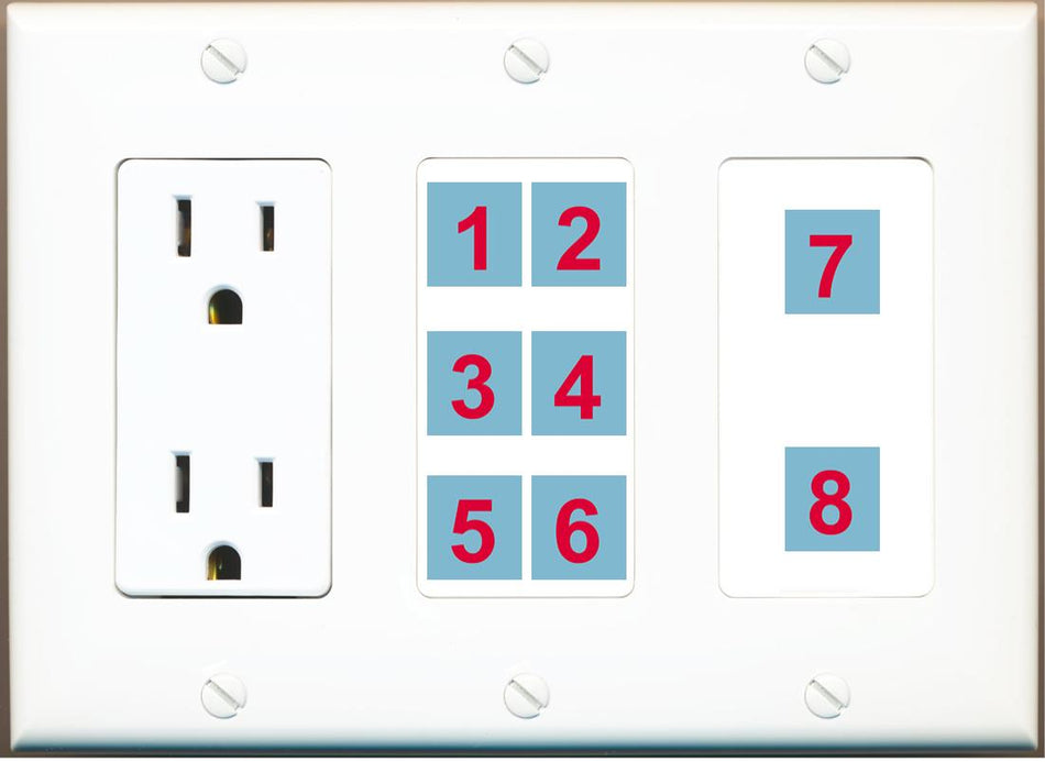 Custom Wall Plate 15 Amp Power Outlet White with up to 8 Keystone Ports