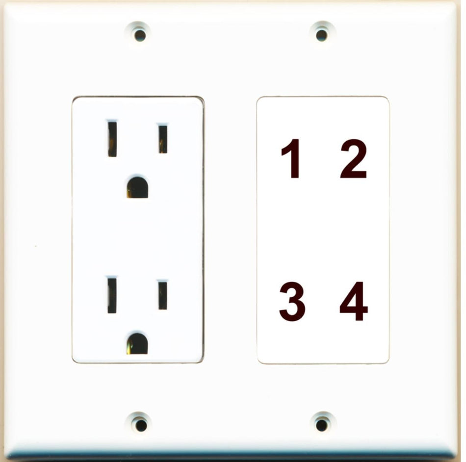 Custom Wall Plate 15 Amp Power Outlet White with up to 4 Keystone Ports - Choose your own Ports