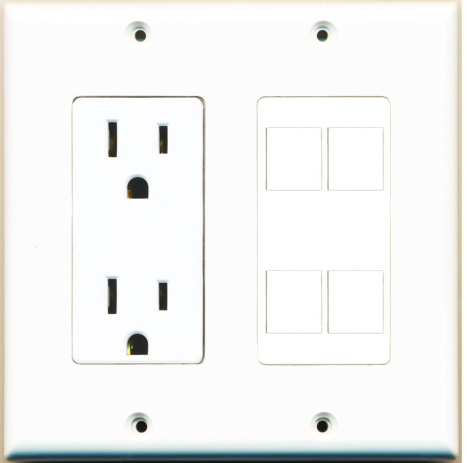 Custom Wall Plate 15 Amp Power Outlet White with up to 4 Keystone Ports