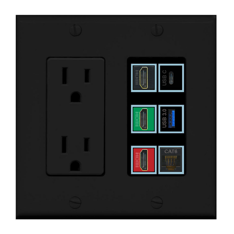 6 Port Custom Keystone Wall Plate w/DecorZ Power Outlet Black