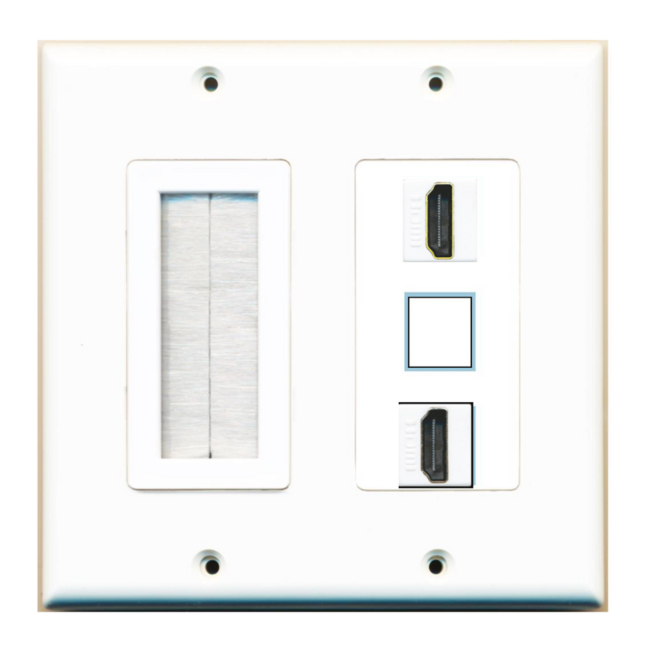 3 Port Custom Keystone Wall Plate 2 Gang DecorZ White w/Brush Insert