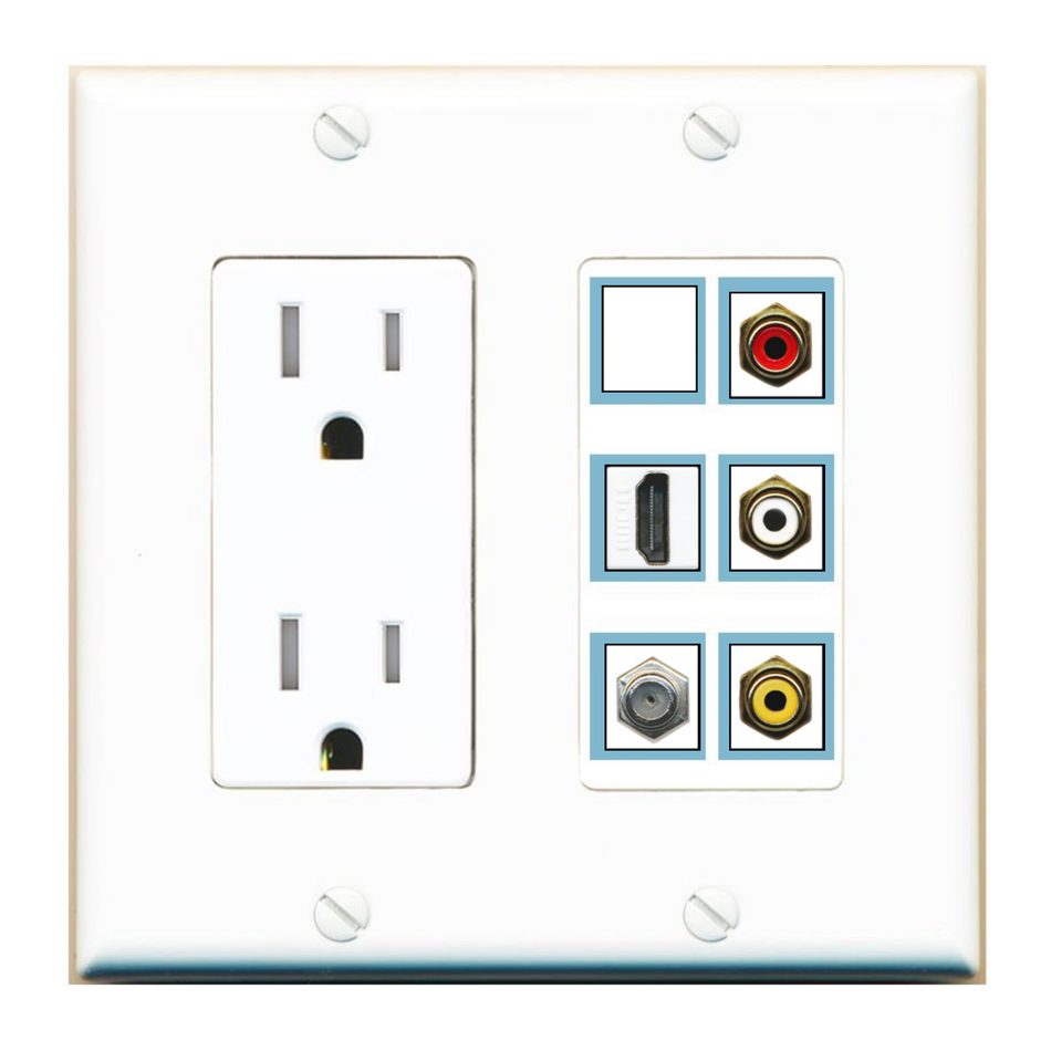 6 Port Custom Keystone Wall Plate with Tamper Resistant DecorZ Power Outlet