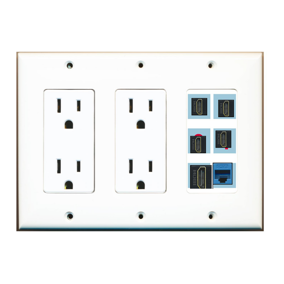 6 Port Custom Keystone Wall Plate w/Dual DecorZ Power Outlet White